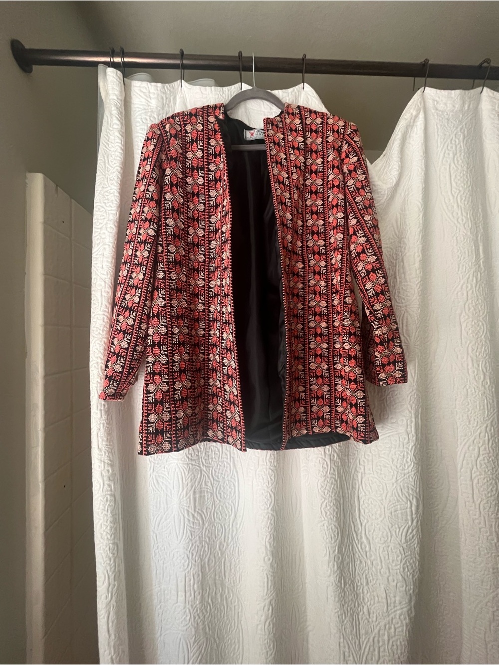 Women’s Embroidered Open-Front Jacket in Pink and Black